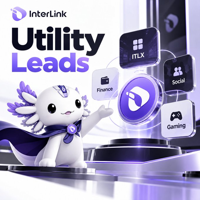 A promotional graphic for 'InterLink Utility Leads' featuring a white and purple axolotl mascot in a cape standing next to floating app icons labeled ITLX, Social, Finance, and Gaming.