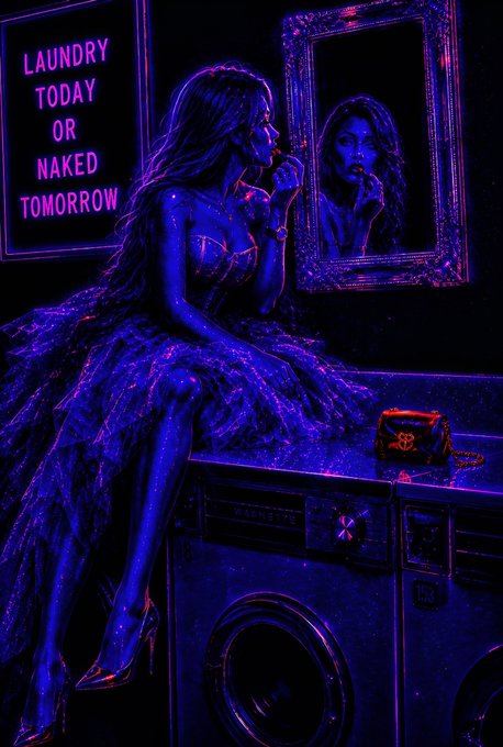 A neon-lit digital artwork shows a woman in a frilly dress applying lipstick in front of a mirror on top of a washing machine, with a neon sign reading "LAUNDRY TODAY OR NAKED TOMORROW".