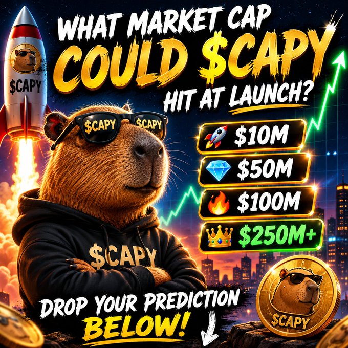 The image features a cartoon bear wearing sunglasses, standing against a city skyline backdrop with a rocket ship flying overhead. The caption of the image reads "What market cap do you think $CAPY could hit at launch? This could be one of the biggest meme coin launches of the year Drop your predictions below #CAPY #Crypto #ETH #Memecoin".