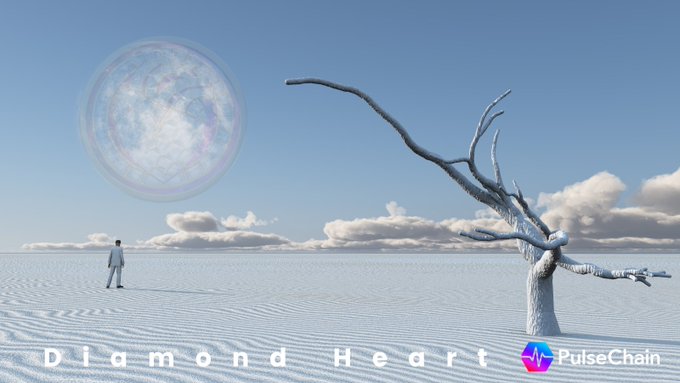 A surreal landscape featuring a snow-covered plain with a man in a suit standing near a frosted tree, looking at a large, iridescent bubble or sphere floating in the sky, with the text 'Diamond Heart' and the 'PulseChain' logo.