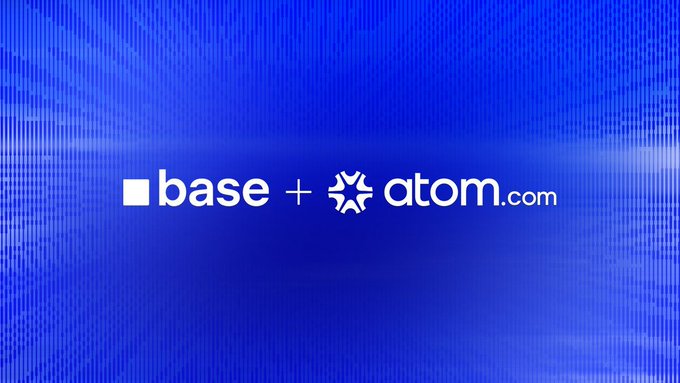 A graphic on a blue background announcing 'base + atom.com', showing the logos of the two brands with a plus sign between them.