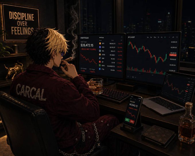 A anime-styled trader in a "CARCAL" jacket smokes a cigar while monitoring crypto charts showing a $26,472.15 portfolio alongside BTC/USD tickers displaying significant losses, with an inspirational "DISCIPLINE OVER FEELINGS" sign on the wall—capturing the bittersweet "GM" moment of starting a new trading week despite red markets.
