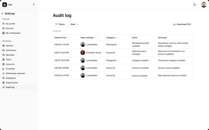 A settings page shows an 'Audit log' interface from a platform called 'Link', listing 5 events by team members Lukas Meier and Charlotte Yeung regarding workspace profiles, approval policies, and account updates.