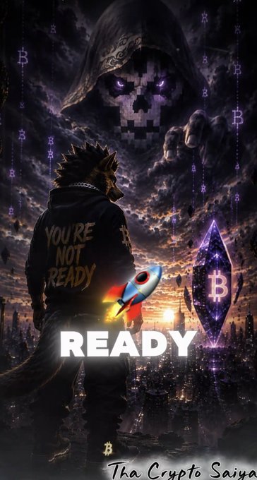 A crypto-themed digital artwork featuring an anthropomorphic character in a coat saying 'YOU'RE NOT READY' facing a hooded skull figure in a dark stormy sky with Bitcoin (₿) symbols, a rocket, and a glowing Bitcoin crystal, labeled 'READY' and signed 'Tha Crypto Saiya'.