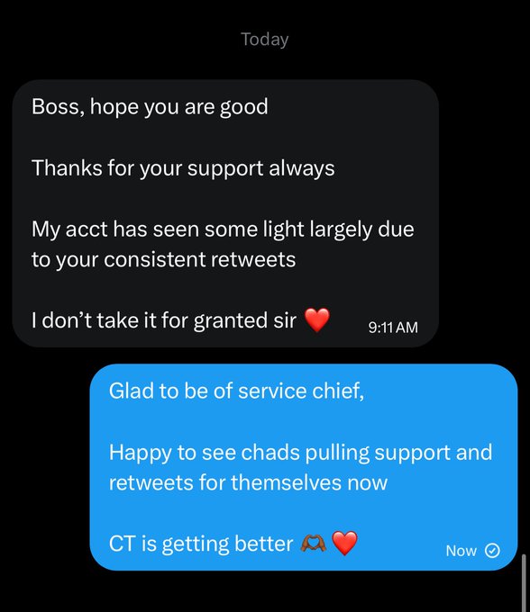 A screenshot of a Twitter DM conversation where one user thanks another ('Boss') for their retweets supporting their account, and the recipient replies encouragingly about chads pulling support and community ('CT') improving, with a prayer hands and heart emoji.
