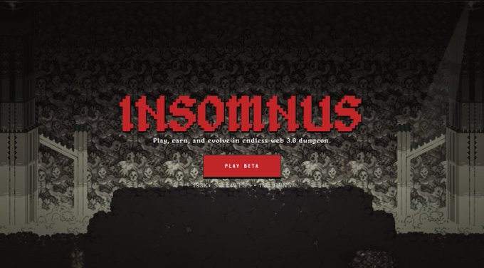 A dark, gothic-themed landing page for the web 3.0 dungeon game "INSOMNIUS" featuring a Play Beta button against a backdrop of skulls and ornamental architecture.