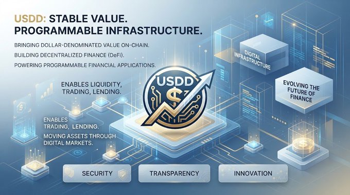 A promotional graphic for USDD stablecoin with the tagline 'STABLE VALUE. PROGRAMMABLE INFRASTRUCTURE,' highlighting features like digital infrastructure, decentralized finance (DeFi), and tags for Security, Transparency, and Innovation.