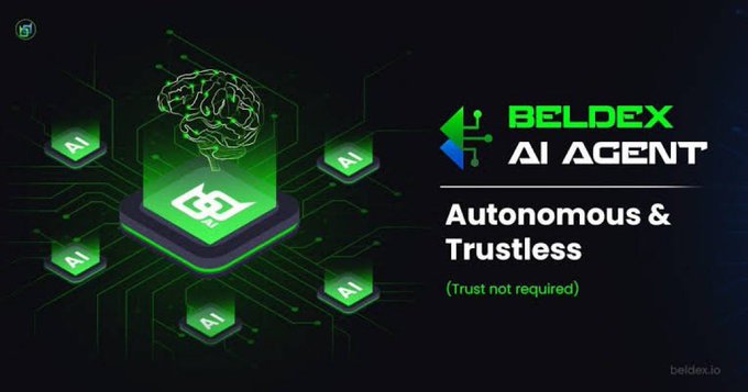 A promotional graphic for 'BELDEX AI AGENT' featuring a glowing green brain icon connected to multiple AI nodes, with the tagline 'Autonomous & Trustless (Trust not required)' and 'beldex.io' displayed.