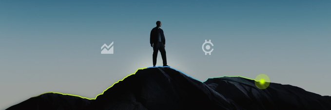 A lone figure stands triumphantly atop a mountain peak silhouetted against a twilight sky, with floating analytics icons (a chart and gear) symbolizing market analysis and optimism—visually representing the bullish post-BTC surge mentioned in the accompanying text about capital flowing into the Meme sector across multiple chains.