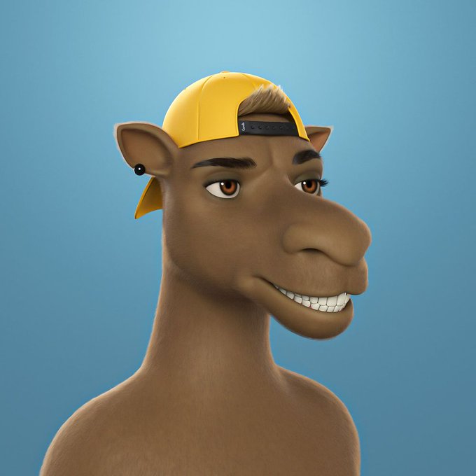 A 3D-rendered anthropomorphic camel character wearing a yellow backwards cap smiles against a blue background.