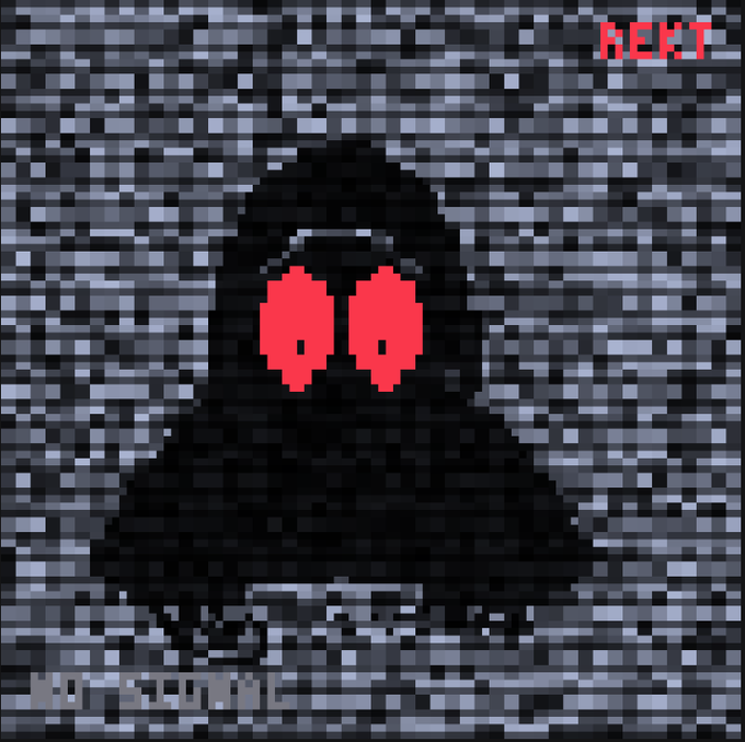 A pixelated audio waveform visualization showing two bright red audio levels against a dark blue/grey background, with the word "NEXT" in the top right corner.
