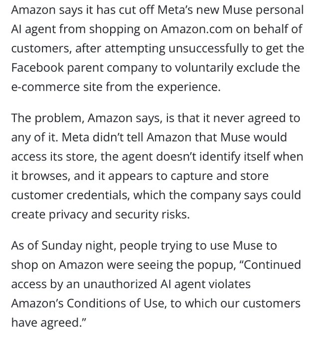 A news article explaining that Amazon has blocked Meta's new Muse personal AI agent from shopping on Amazon.com, citing concerns about unauthorized access and potential capture of customer credentials.
