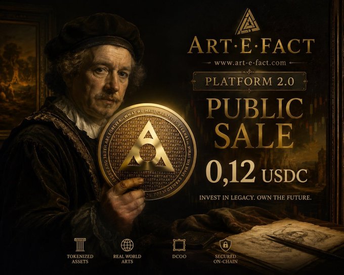 The image features a man dressed in medieval clothing holding a coin or gold medallion, possibly an Art-E-Fact coin. The background of the image has a dark color with some text that reads "Art-E- Fact Platform 2.0 Public Sale 0.12 USDC". This suggests that the man is promoting an art sale event where people can invest in artwork and potentially own it for future generations, as indicated by the coin's design. The post also mentions tokenized real artworks and RWA innovation, which are new ways to own and manage digital art collections.