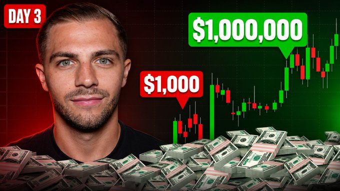 A YouTube thumbnail shows a man beside stock candlestick charts labeled "$1,000" and "$1,000,000" with a "DAY 3" tag, surrounded by stacks of cash—visually promoting a livestream challenge to turn $1,000 into $1,000,000 in three days.