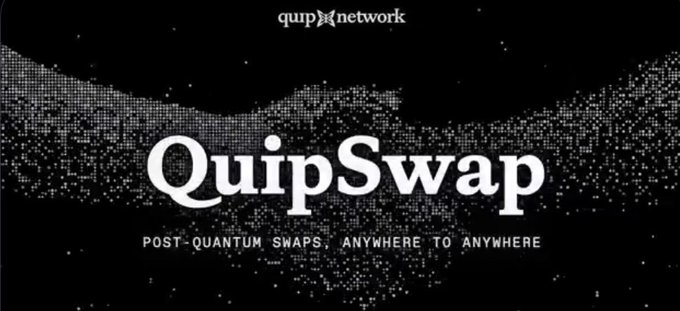 A banner ad for Quip Network's QuipSwap, featuring the tagline 'Post-Quantum Swaps, Anywhere to Anywhere' against a black background with pixelated white graphics.