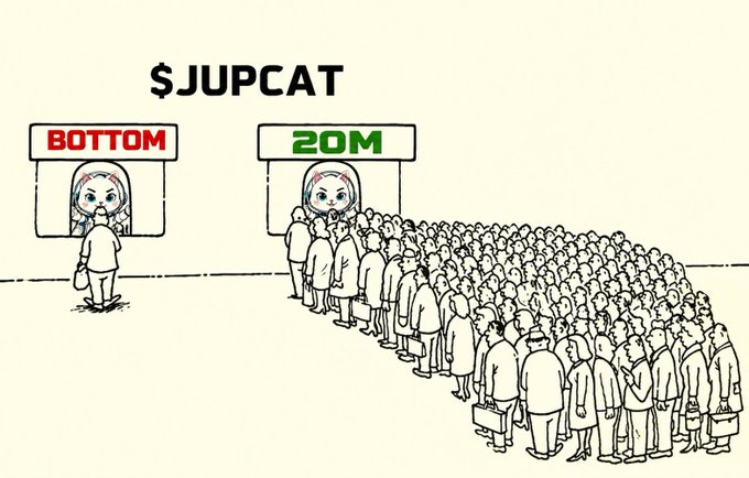A cartoon illustration titled '$JUPCAT' showing a massive crowd of people lined up at a '20M' entrance, while a single person stands alone at a 'BOTTOM' entrance.