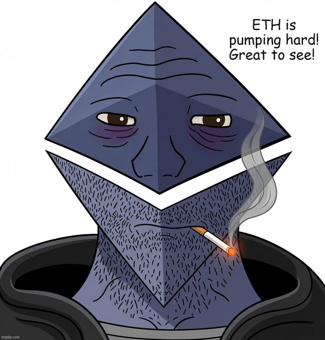 The image depicts the Ethereum logo (a diamond-shaped octahedron) personified with a tired, baggy-eyed face smoking a cigarette while peeking out of a trash can. The text "ETH is pumping hard! Great to see!" appears in the upper right, humorously conveying that despite ETH's recent price surge, the asset (and its holders) remain exhausted and worn out, poking fun at crypto market fatigue even during bullish moments.
