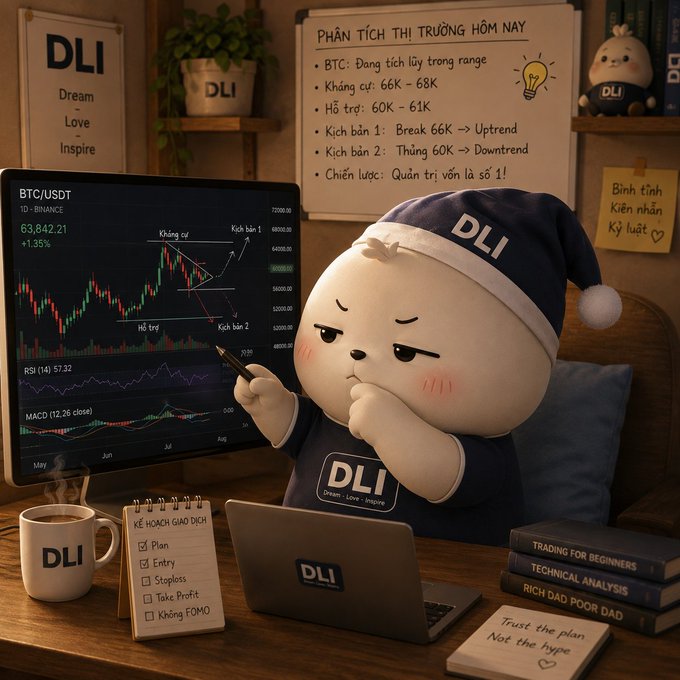 A cute cartoon mascot wearing a nightcap and sweater labeled 'DLI - Dream Love Inspire' sits at a desk analyzing BTC/USDT charts, surrounded by trading books and a whiteboard with Vietnamese market analysis notes.