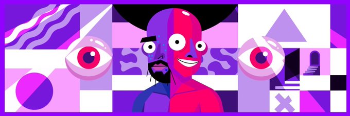 A vibrant, stylized digital artwork featuring a split-faced character with wide eyes and a smile, flanked by large eye illustrations against a purple geometric background.