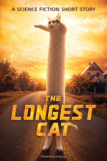 A book cover titled "THE LONGEST CAT: A SCIENCE FICTION SHORT STORY" featuring a digitally altered, elongated white cat standing on a road at sunset, with text "Powered by long.xyz" at the bottom.