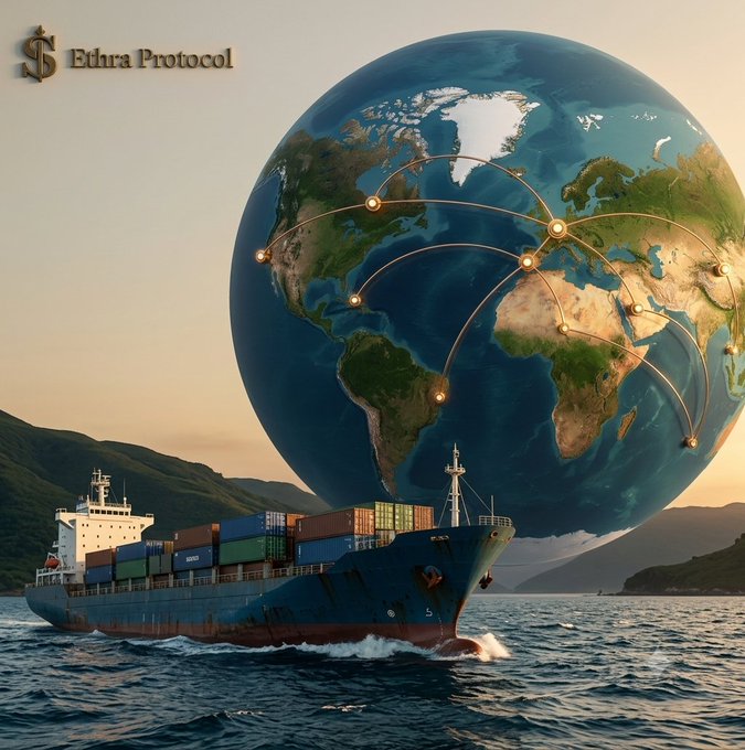 A promotional graphic for 'Edha Protocol' showing a large cargo ship sailing on water with a giant translucent globe overlay displaying continents and golden network connection lines.