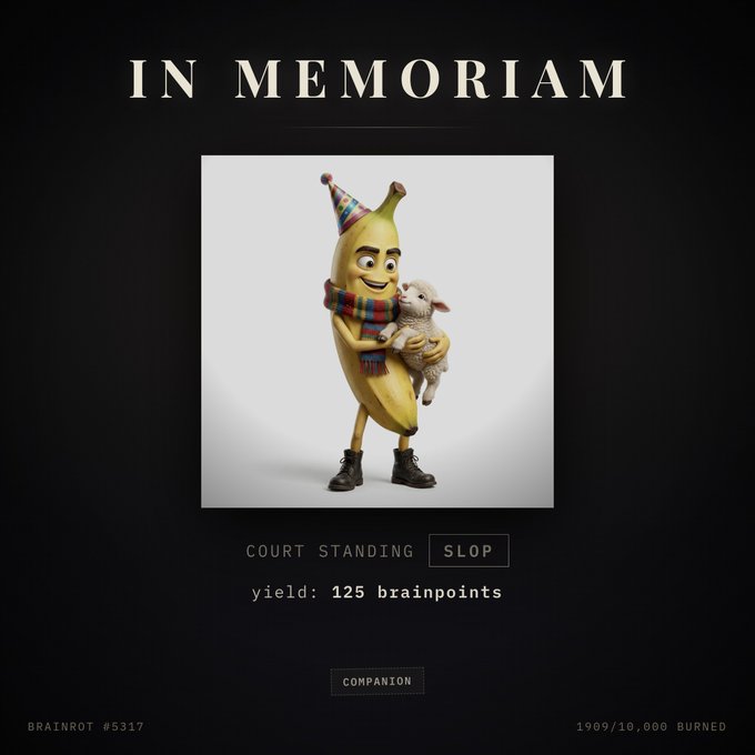 An 'IN MEMORIAM' page for Brainrot #5317, showing a banana character wearing a party hat, scarf, and boots, holding a sheep, with a yield of 125 brainpoints and '1909/10,000 BURNED' noted at the bottom.