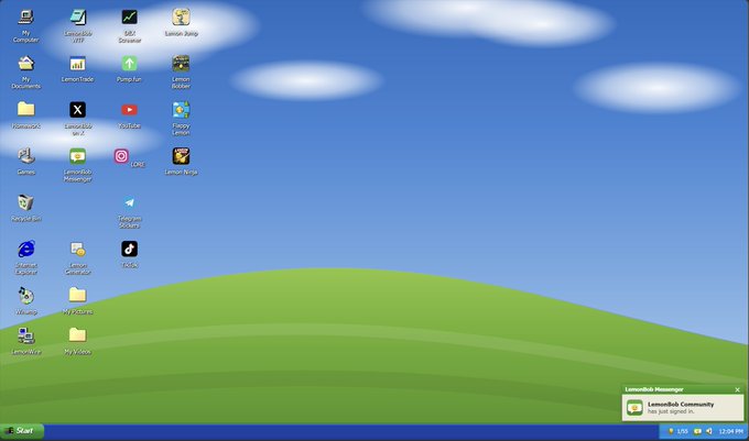 A screenshot of a Windows XP-style desktop customized with a green grass and blue sky background, featuring numerous Lemon-themed icons (such as "My Computer," "LemonBob," "LemonTube," "Lemonkoin Messenger," and "Lemona Messenger") along with "$TOAD" and a Telegram icon, referencing the joke about $TOAD copying the user's website idea. The LemonBob Messenger pop-up in the bottom right corner shows "You just signed in," tying it to the "LemonBob Community."