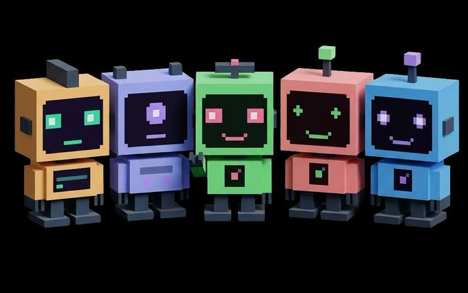 Five colorful voxel-style robots with pixelated faces (orange, purple, green, pink, and blue) stand side by side on a black background, representing the Conso Bots NFT collection featured in the giveaway promotion.