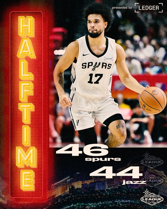 A San Antonio Spurs player wearing jersey #17 dribbles the ball during a Summer League game, with the halftime score showing Spurs leading the Jazz 46-44. The graphic, presented by Ledger, promotes the #SummerSpurs matchup at the break.