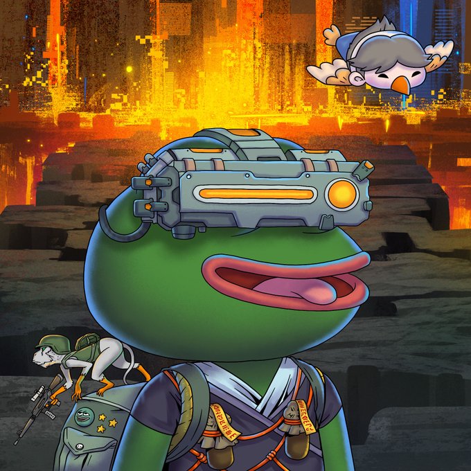 A green Pepe the Frog character wearing futuristic goggles and a backpack with a small bird perched on it stands against a burning cityscape background.