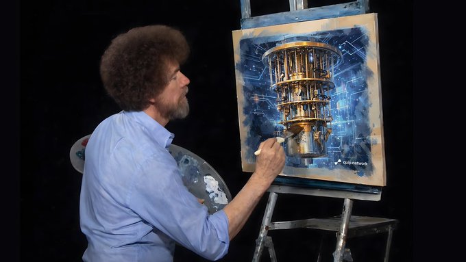 The famous painter Bob Ross, wearing his iconic blue shirt, working on a detailed painting of a golden quantum computer on an easel.