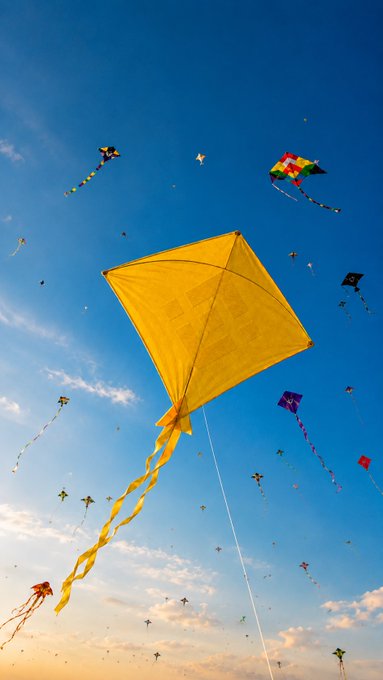 A vibrant yellow kite dominates a bright blue sky filled with numerous other colorful kites flying at a festival, with long flowing tails trailing beneath them. The caption references August and windy weather as the perfect conditions for a "Binancian" to fly kites, playfully tying the Binance crypto community to a fun outdoor activity.