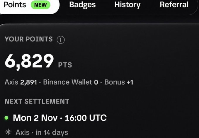 A dark-themed app screen showing 'YOUR POINTS' of 6,829 PTS, broken down as Axis 2,891, Binance Wallet 0, and Bonus +1, with next settlement on Mon 2 Nov at 16:00 UTC.