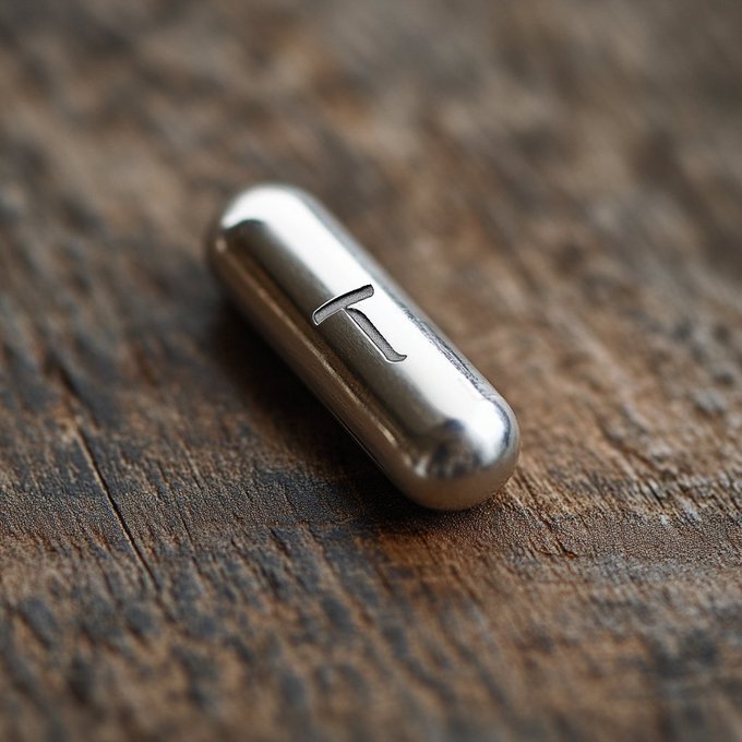 A close-up macro photograph of a polished silver metallic cylindrical object with an engraved letter, resting on a textured wooden surface.