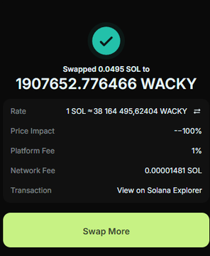 Mobile screenshot of a cryptocurrency swap confirmation showing the exchange of 0.0495 SOL to 1907652.776466 WACKY tokens, with details including a rate of 1 SOL to 38,164,495.62404 WACKY and a -100% price impact.