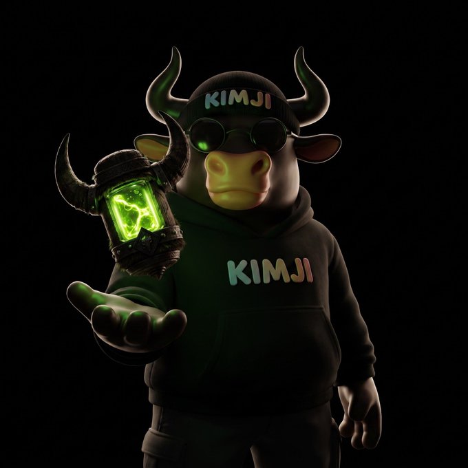 A 3D-rendered anthropomorphic bull character wearing a black beanie, round goggles, and a hoodie featuring the text "KIMJI" in colorful letters, while holding a glowing green horned lantern. The character is posed against a dark background with one hand extended forward.