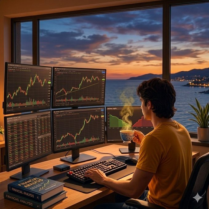 An illustrated image of a man in an orange shirt trading stocks on a multi-monitor setup by a window overlooking the ocean at sunset, with 'Financial Analysis' books on his desk.