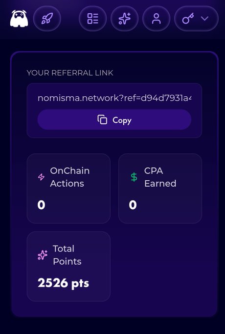 The image shows a phone screen displaying information about a network connection. The screen has a purple background and features various icons related to networks and connections. There are two main sections of the screen, with one section showing the total points earned by the user and another section displaying the details of their network connection. The text on the screen reads " GM to @useTria and @NomismaNetwork Fams It's pretty clear both projects are trying to solve real infrastructure gaps from completely different angles @useTria is pushing hard on the “CRYPTO as real money” narrative, but with actual execution behind it. Current bullish data:". The image focuses on the network connection details and how they relate to the post about networks and connections.