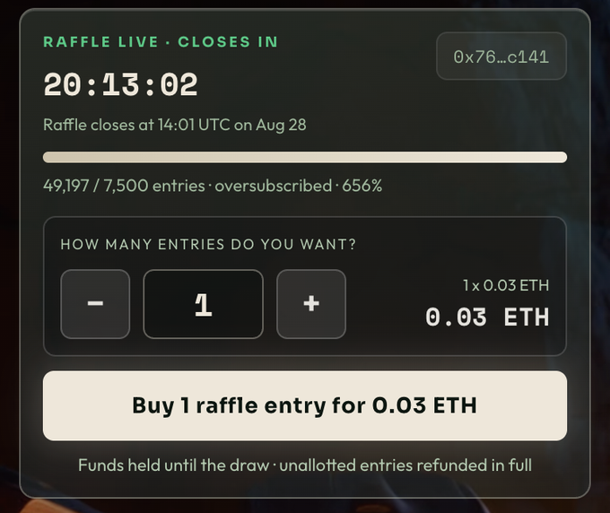 A raffle purchase interface showing a countdown of 20:13:02, with 49,197/7,500 entries (656% oversubscribed) and an option to buy 1 entry for 0.03 ETH.