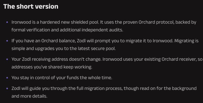 A text summary titled 'The short version' explains that Ironwood is a new shielded pool from Zodi, built on the Orchard protocol, with bullet points detailing migration benefits and user control of funds.