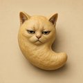 A small 3D-rendered figurine of a cream-colored cat with a grumpy expression, shaped like a comma or curled-up form.