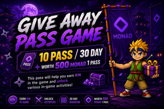 A promotional graphic for a 'GIVE AWAY PASS GAME' featuring a samurai-style character holding a flag labeled 'MONAD' and a gift box, advertising '10 PASS / 30 DAY' worth '500 MONAD 1 PASS' with details about earning KIN.