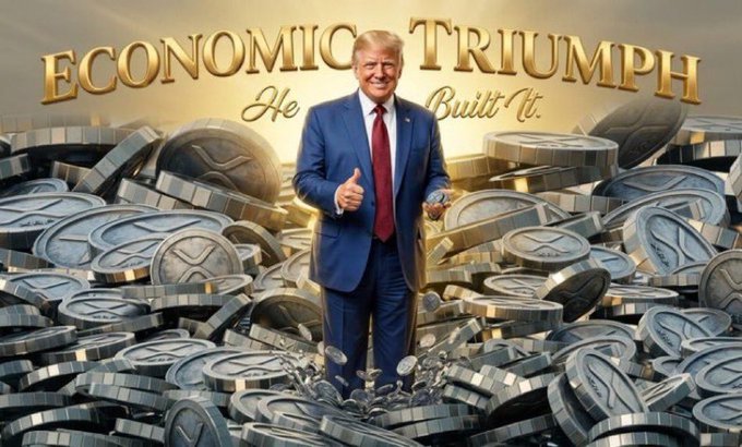 Donald Trump stands smiling and giving a thumbs-up amid piles of silver coins, beneath the golden text "ECONOMIC TRIUMPH He Built It," visually reinforcing the post's message about the CLARITY Act and America's emerging role as a global crypto capital.