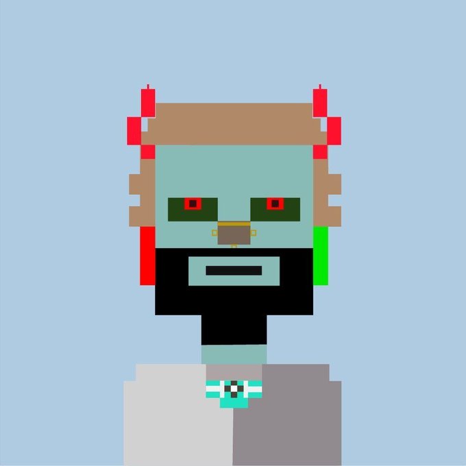 A pixel art character with red hair accessories, green face markings, and a black body is rendered against a light blue background.