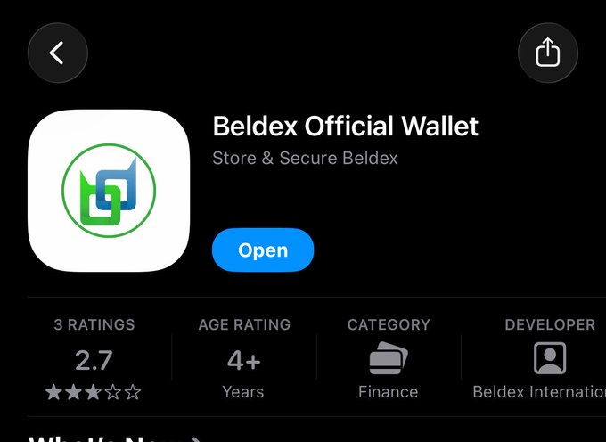 An App Store listing for 'Beldex Official Wallet' with a 2.7 star rating from 3 reviews, rated 4+ years, in the Finance category, developed by Beldex International.