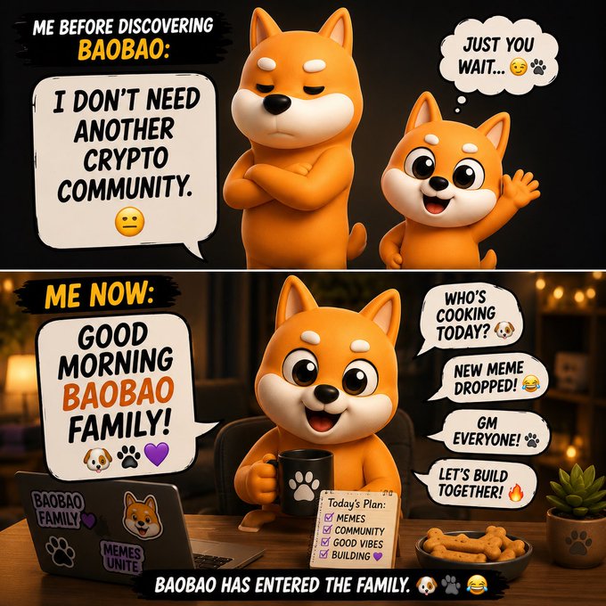 A four-panel meme featuring an orange Shiba Inu character (BaoBao) contrasts the narrator's "before" skepticism toward crypto communities ("I don't need another crypto community") with their enthusiastic "after" life greeting the "BaoBao Family" with a "GM," tracking memes on a to-do list, and asking "Who's cooking today?" The image humorously illustrates the post's message about unexpectedly embracing the BaoBao community despite initial resistance.