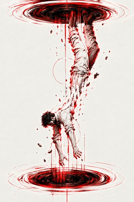 A dramatic illustration of a man in white clothing falling between two swirling red vortexes, with his body fragmenting into pieces and droplets.