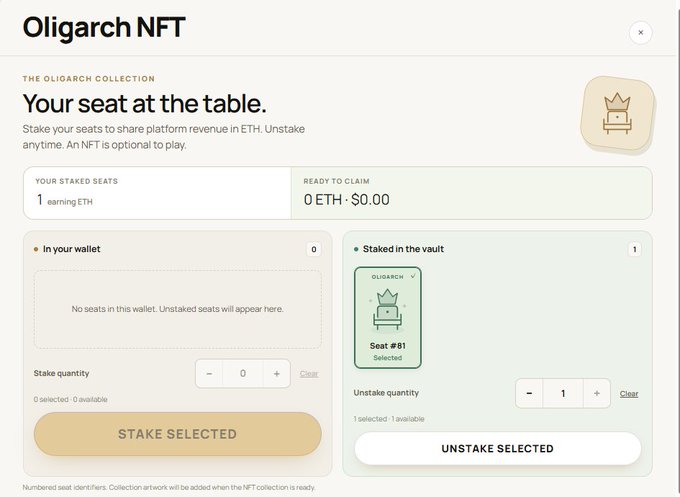 Screenshot of the "Oligarch NFT" staking interface showing 1 seat (#81) staked in the vault earning 0 ETH · $0.00, reflecting the user's post about minting and staking their whitelist NFT and earning approximately 0.09 ETH from Fremin rewards.