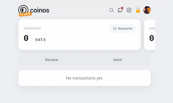 A screenshot of the 'coinos V3 BETA' digital wallet interface showing a 'sats' account with a zero balance, along with 'Receive' and 'Send' buttons.