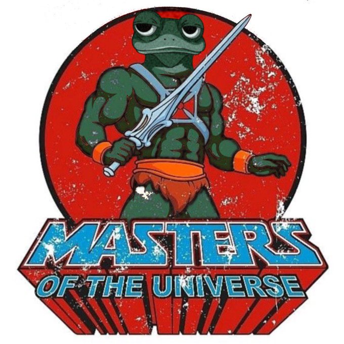 A vintage-style graphic for 'Masters of the Universe' depicting an anthropomorphic frog character with an orange loincloth wielding a sword against a red circular background.